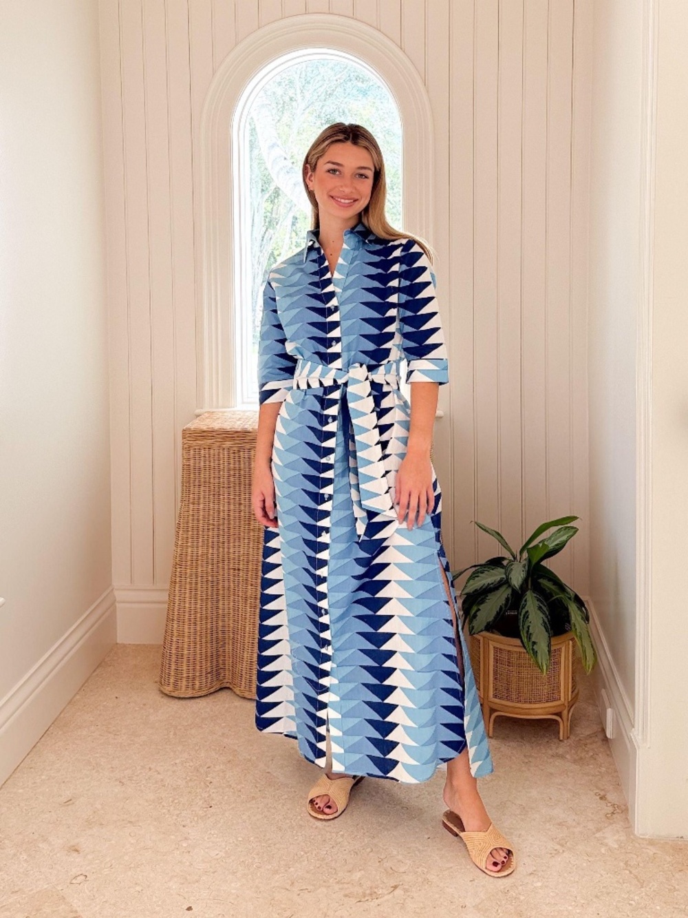 Beau & Ro Eloise Ocean Bagru Triangle Blue Block Print Maxi Dress XS